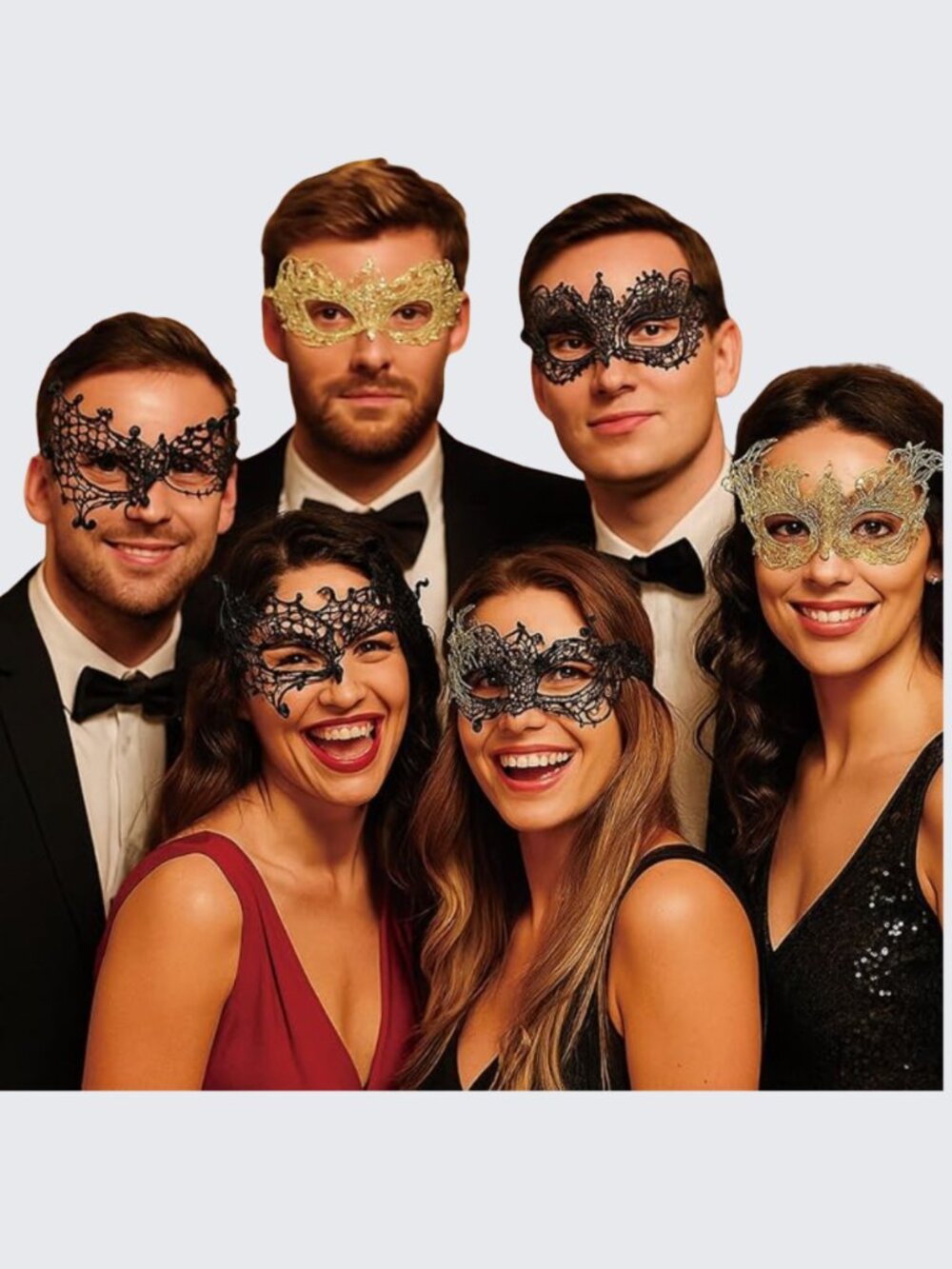Cindeer 6 Pcs Masquerade Mask Set Black Gold Lace Tie